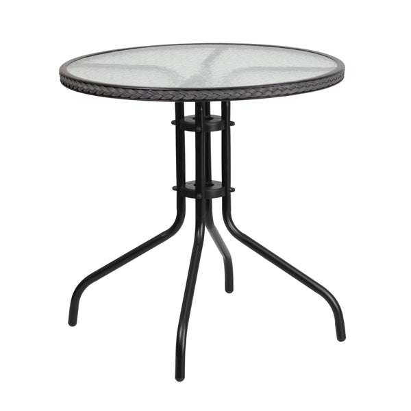 Clear/Gray |#| 28inch RD Glass Metal Table with Gray Rattan Edging and 4 Gray Rattan Stack Chairs