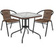 Clear/Dark Brown |#| 28inch SQ Glass Metal Table with Dk Brown Rattan Edging & 2 Dk Brown Rattan Chairs
