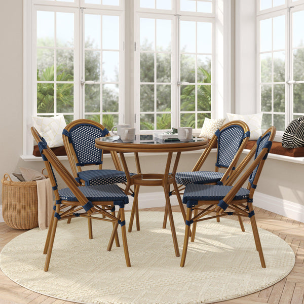 Navy & White Rattan/Natural Frame |#| Indoor/Outdoor Commercial Bistro Set with Table and 4 Chairs in Navy/Wht