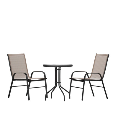 Brazos 3 Piece Outdoor Patio Dining Set - Tempered Glass Patio Table, 2 Flex Comfort Stack Chairs - View 1