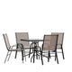 Brown |#| 5 Piece Patio Dining Set - 31.5inch Square Glass Table, 4 Brown Flex Stack Chairs