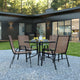 Brown |#| 5 Piece Patio Dining Set - 31.5inch Square Glass Table, 4 Brown Flex Stack Chairs