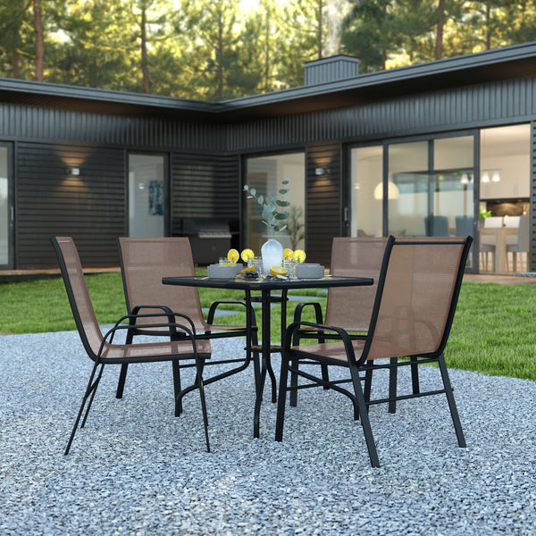 Brown |#| 5 Piece Patio Dining Set - 31.5inch Square Glass Table, 4 Brown Flex Stack Chairs