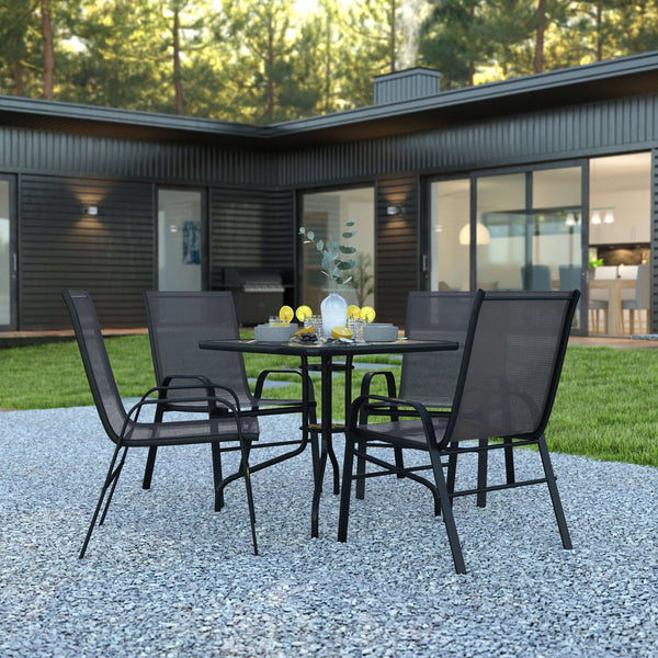 Black |#| 5 Piece Patio Dining Set - 31.5inch Square Glass Table, 4 Black Flex Stack Chairs
