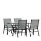 Gray |#| 5 Piece Patio Dining Set - 55" Glass Patio Table, 4 Gray Flex Stack Chairs