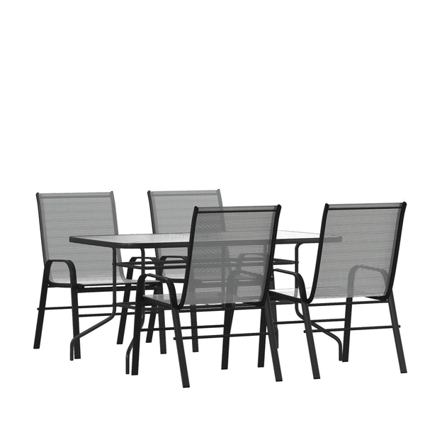 Gray |#| 5 Piece Patio Dining Set - 55" Glass Patio Table, 4 Gray Flex Stack Chairs