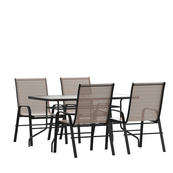 Brown |#| 5 Piece Patio Dining Set - 55" Glass Patio Table, 4 Brown Flex Stack Chairs