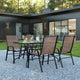 Brown |#| 5 Piece Patio Dining Set - 55" Glass Patio Table, 4 Brown Flex Stack Chairs