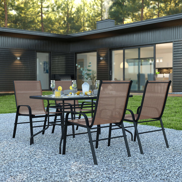 Brown |#| 5 Piece Patio Dining Set - 55" Glass Patio Table, 4 Brown Flex Stack Chairs