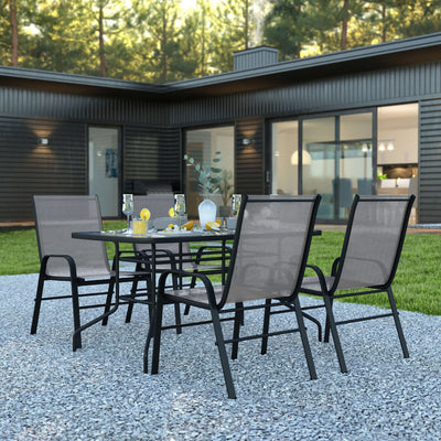 Brazos 5 Piece Outdoor Patio Dining Set - Tempered Glass Patio Table, 4 Flex Comfort Stack Chairs - View 2