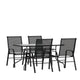 Black |#| 5 Piece Patio Dining Set - 55" Glass Patio Table, 4 Black Flex Stack Chairs