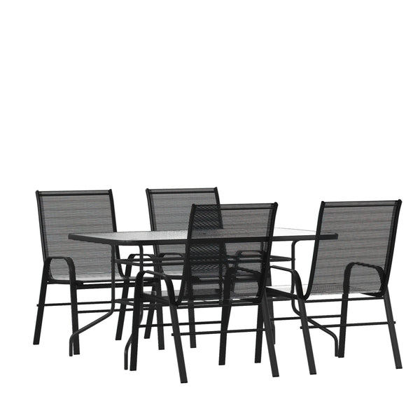 Black |#| 5 Piece Patio Dining Set - 55" Glass Patio Table, 4 Black Flex Stack Chairs