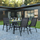 Black |#| 5 Piece Patio Dining Set - 55" Glass Patio Table, 4 Black Flex Stack Chairs