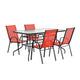 Red |#| 5 Piece Patio Dining Set - 55" Glass Patio Table, 4 Red Flex Stack Chairs