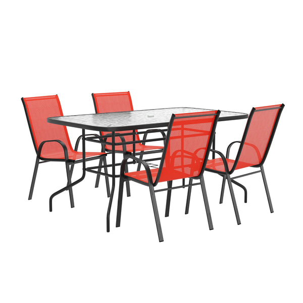 Red |#| 5 Piece Patio Dining Set - 55" Glass Patio Table, 4 Red Flex Stack Chairs