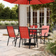 Red |#| 5 Piece Patio Dining Set - 55" Glass Patio Table, 4 Red Flex Stack Chairs