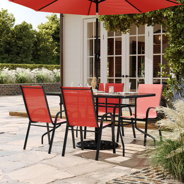 Red |#| 5 Piece Patio Dining Set - 55" Glass Patio Table, 4 Red Flex Stack Chairs