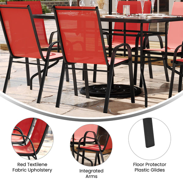 Red |#| 5 Piece Patio Dining Set - 55" Glass Patio Table, 4 Red Flex Stack Chairs