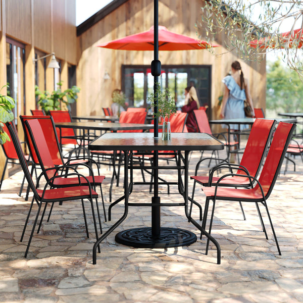 Red |#| 5 Piece Patio Dining Set - 55" Glass Patio Table, 4 Red Flex Stack Chairs