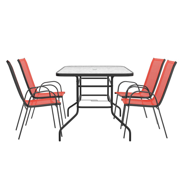 Red |#| 5 Piece Patio Dining Set - 55" Glass Patio Table, 4 Red Flex Stack Chairs