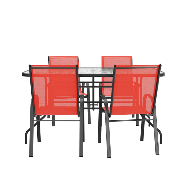 Red |#| 5 Piece Patio Dining Set - 55" Glass Patio Table, 4 Red Flex Stack Chairs