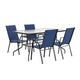 Navy |#| 5 Piece Patio Dining Set - 55" Glass Patio Table, 4 Navy Flex Stack Chairs