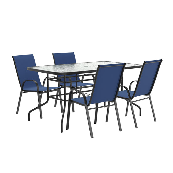 Navy |#| 5 Piece Patio Dining Set - 55" Glass Patio Table, 4 Navy Flex Stack Chairs
