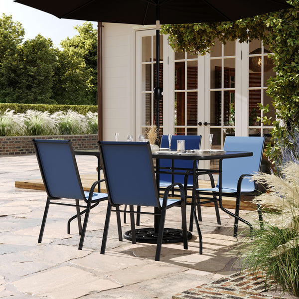Navy |#| 5 Piece Patio Dining Set - 55" Glass Patio Table, 4 Navy Flex Stack Chairs