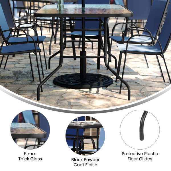 Navy |#| 5 Piece Patio Dining Set - 55" Glass Patio Table, 4 Navy Flex Stack Chairs