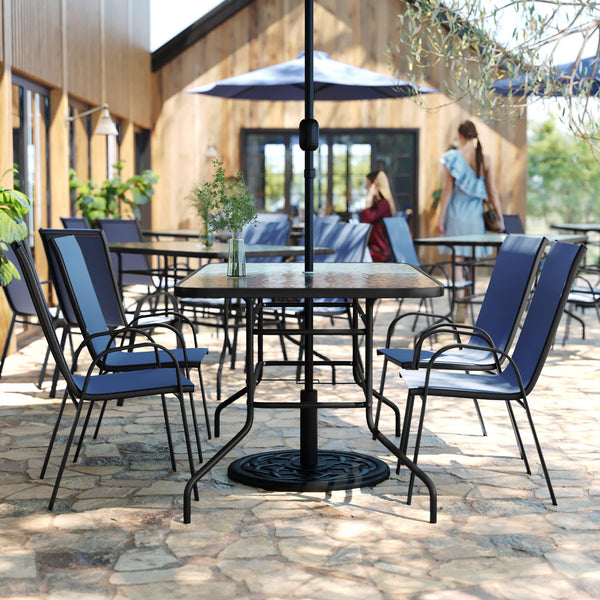 Navy |#| 5 Piece Patio Dining Set - 55" Glass Patio Table, 4 Navy Flex Stack Chairs