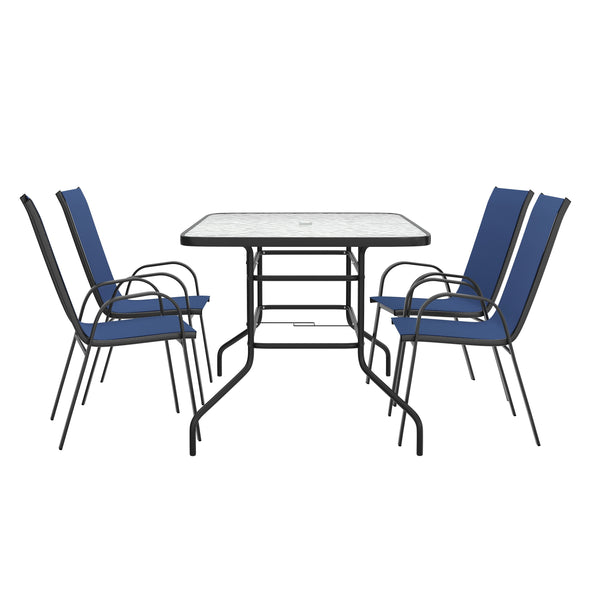 Navy |#| 5 Piece Patio Dining Set - 55" Glass Patio Table, 4 Navy Flex Stack Chairs
