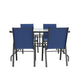 Navy |#| 5 Piece Patio Dining Set - 55" Glass Patio Table, 4 Navy Flex Stack Chairs