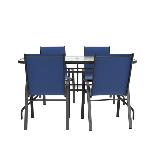 Navy |#| 5 Piece Patio Dining Set - 55" Glass Patio Table, 4 Navy Flex Stack Chairs