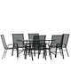 Black |#| 7 Piece Patio Dining Set - 55" Glass Patio Table, 6 Black Flex Stack Chairs