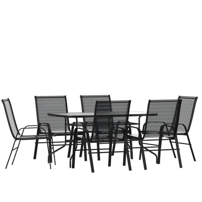 Brazos 7 Piece Outdoor Patio Dining Set - Tempered Glass Patio Table, 6 Flex Comfort Stack Chairs - View 1