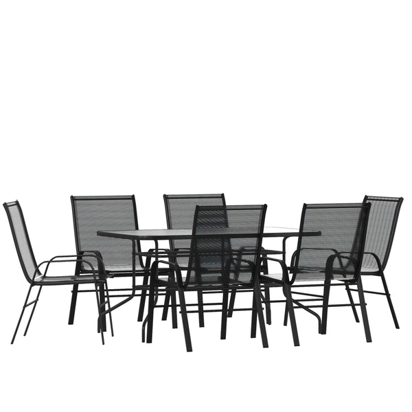 Black |#| 7 Piece Patio Dining Set - 55" Glass Patio Table, 6 Black Flex Stack Chairs