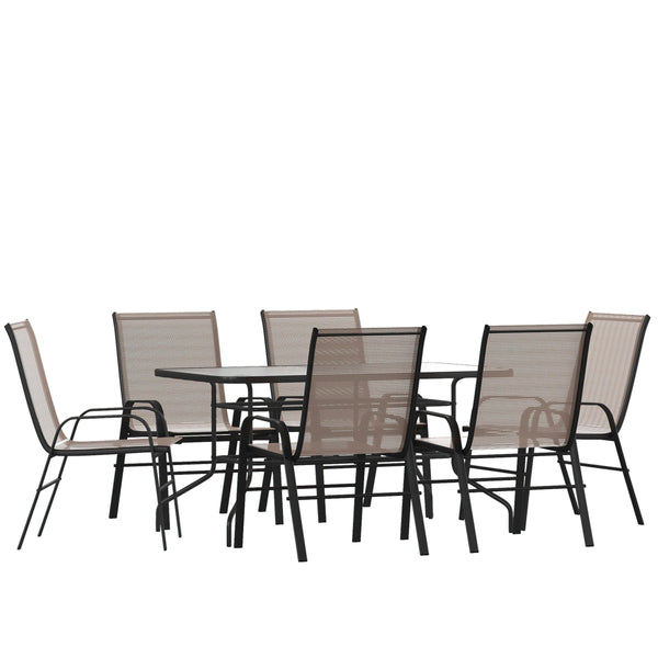 Brown |#| 7 Piece Patio Dining Set - 55" Glass Patio Table, 6 Brown Flex Stack Chairs