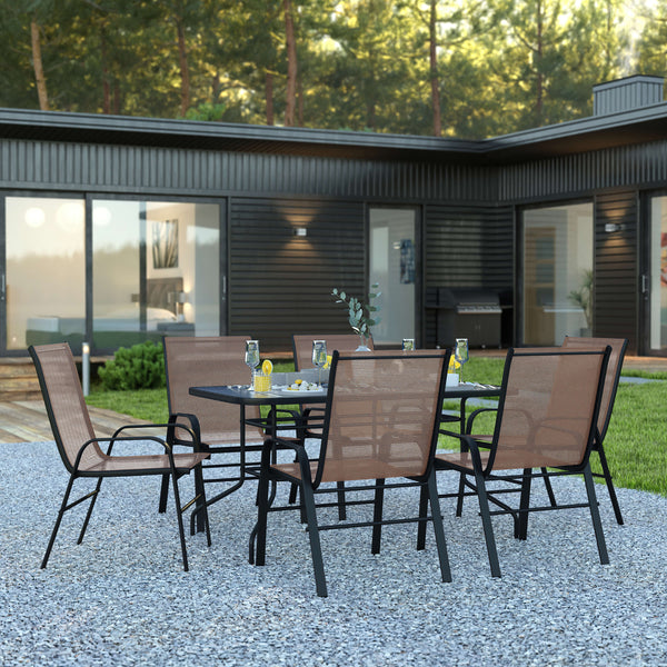 Brown |#| 7 Piece Patio Dining Set - 55" Glass Patio Table, 6 Brown Flex Stack Chairs