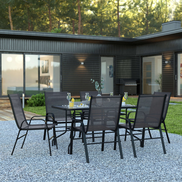 Black |#| 7 Piece Patio Dining Set - 55" Glass Patio Table, 6 Black Flex Stack Chairs