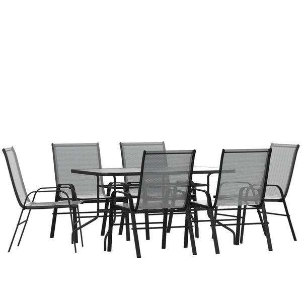 Gray |#| 7 Piece Patio Dining Set - 55" Glass Patio Table, 6 Gray Flex Stack Chairs