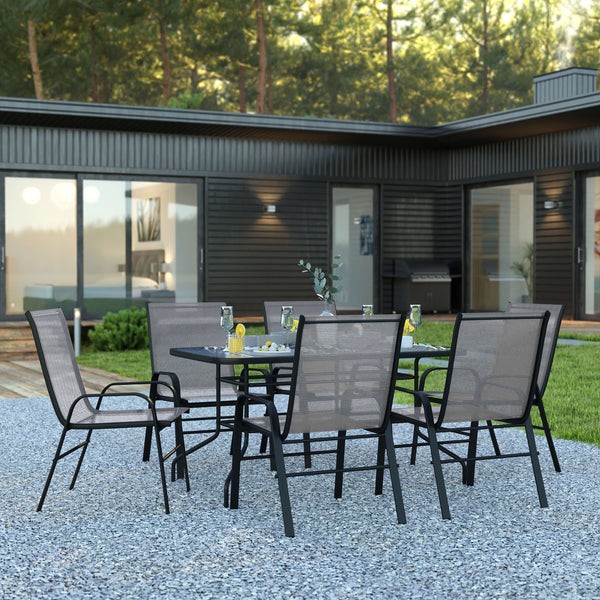 Gray |#| 7 Piece Patio Dining Set - 55" Glass Patio Table, 6 Gray Flex Stack Chairs