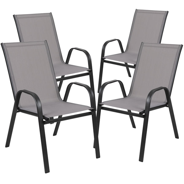 Gray |#| 7 Piece Patio Dining Set - 55" Glass Patio Table, 6 Gray Flex Stack Chairs