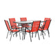 Red |#| 7 Piece Patio Dining Set - 55" Glass Patio Table, 6 Red Flex Stack Chairs