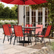 Red |#| 7 Piece Patio Dining Set - 55" Glass Patio Table, 6 Red Flex Stack Chairs