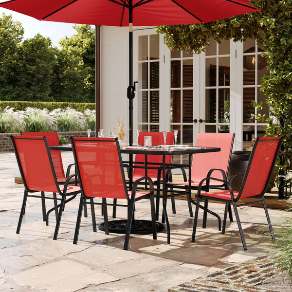 Red |#| 7 Piece Patio Dining Set - 55" Glass Patio Table, 6 Red Flex Stack Chairs