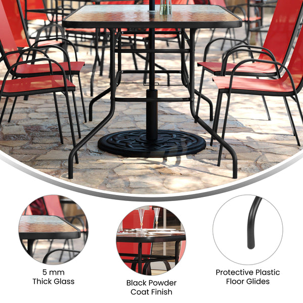 Red |#| 7 Piece Patio Dining Set - 55" Glass Patio Table, 6 Red Flex Stack Chairs