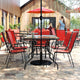 Red |#| 7 Piece Patio Dining Set - 55" Glass Patio Table, 6 Red Flex Stack Chairs