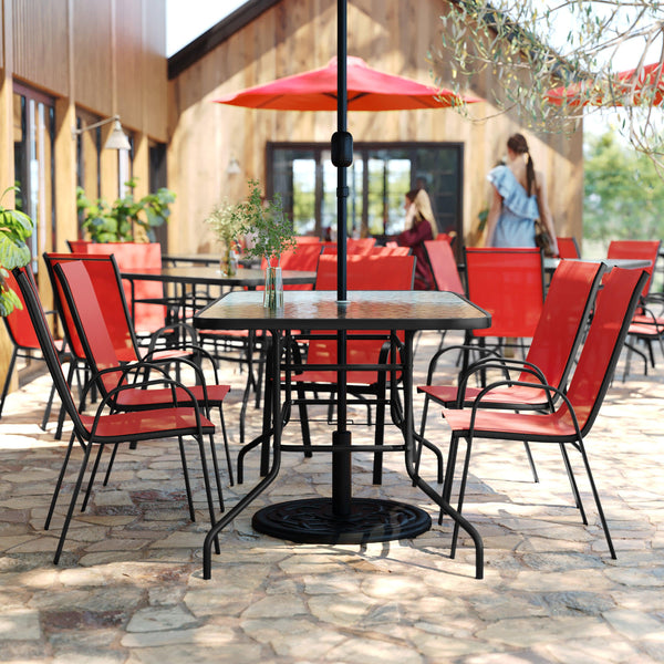 Red |#| 7 Piece Patio Dining Set - 55" Glass Patio Table, 6 Red Flex Stack Chairs