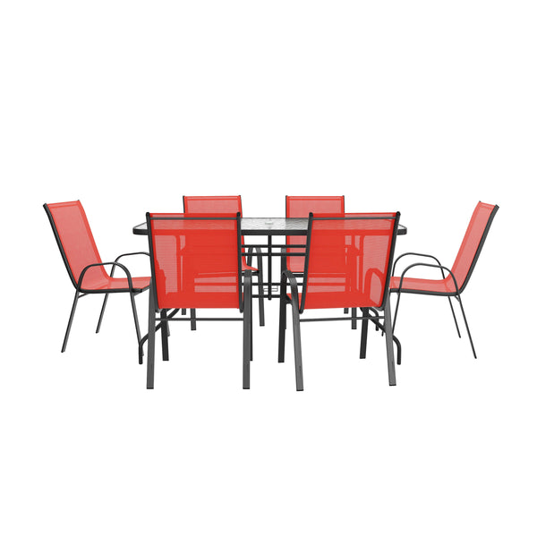 Red |#| 7 Piece Patio Dining Set - 55" Glass Patio Table, 6 Red Flex Stack Chairs