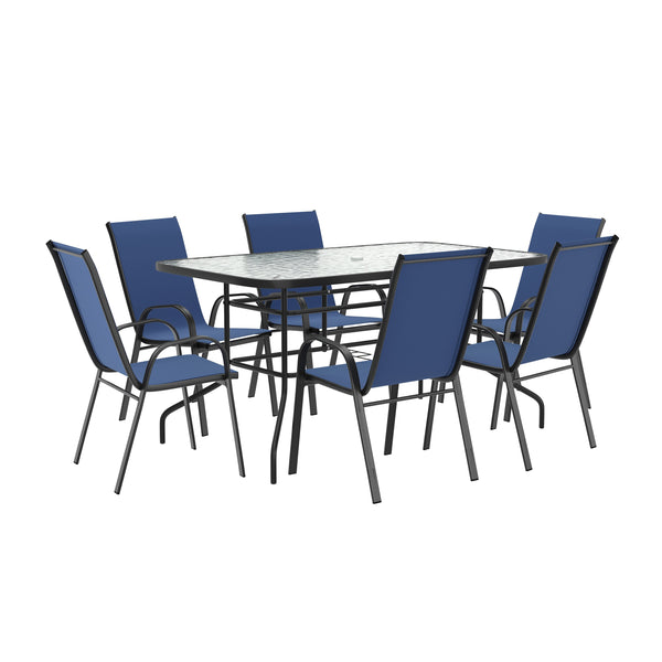 Navy |#| 7 Piece Patio Dining Set - 55" Glass Patio Table, 6 Navy Flex Stack Chairs